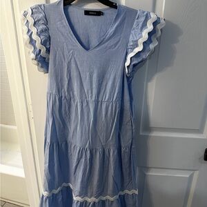 Zesica Women’s Casual V Neck Flutter Short Sleeve Ruffle Tiered Midi Dress Blue